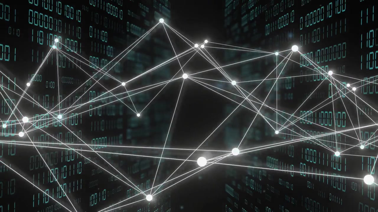 Initial white node cluster appearing, expanding, forming triangular mesh, pulsing, visualizing data
