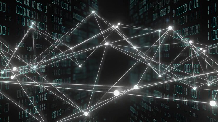 Initial white node cluster appearing, expanding, forming triangular mesh, pulsing, visualizing data