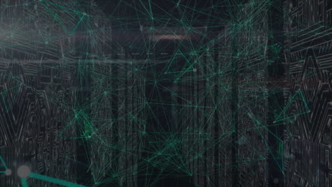 animation of network of connections over columns with computer circuit board