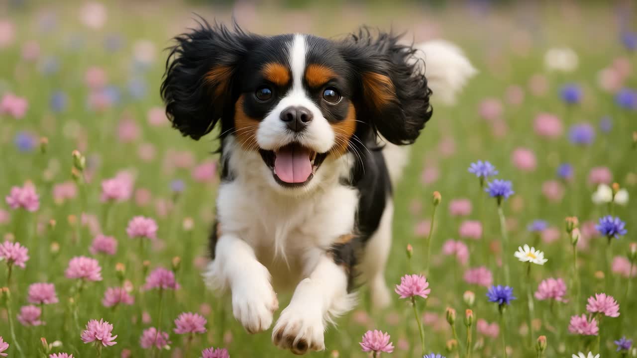 Un chien joyeux court à travers un champ de fleurs éclatant, capturé en contre-plongée.
