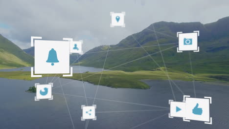 animation of social media icons connecting over scenic mountain landscape