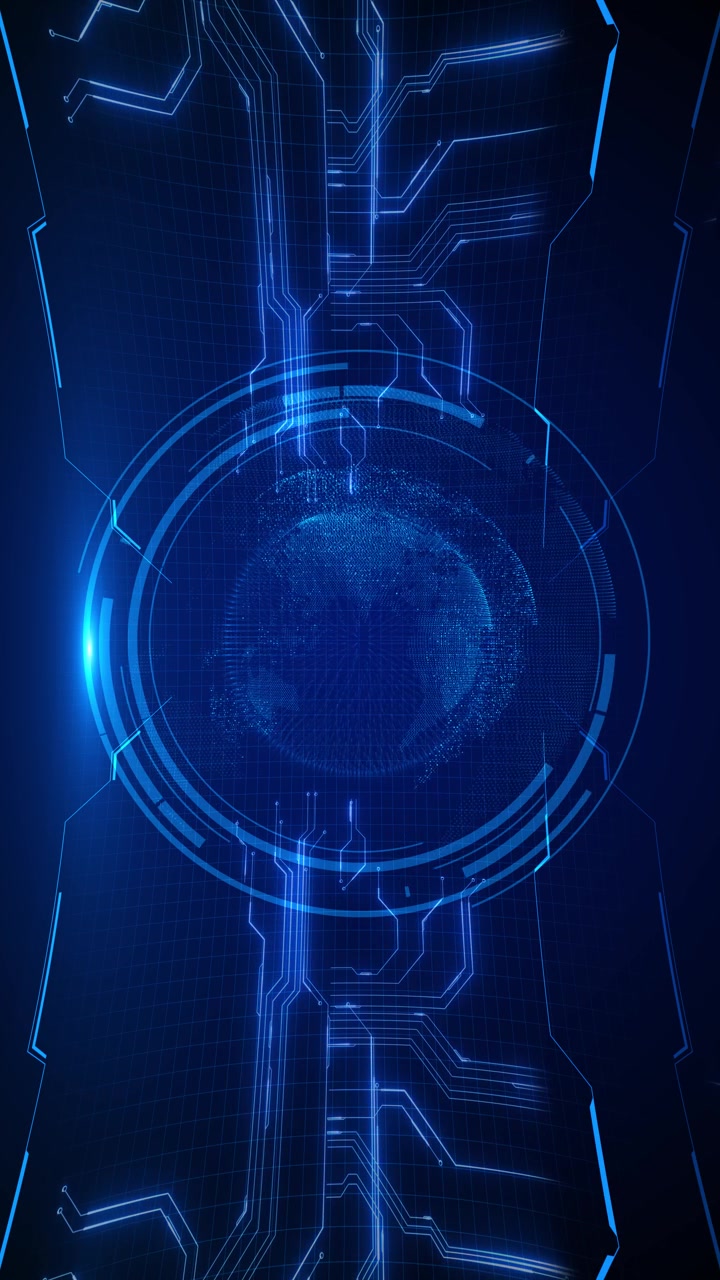 Digital verdensteknologisk skærm, blå globus, glødende HUD-cirkler, kredsløbsramme, global netværksstil.