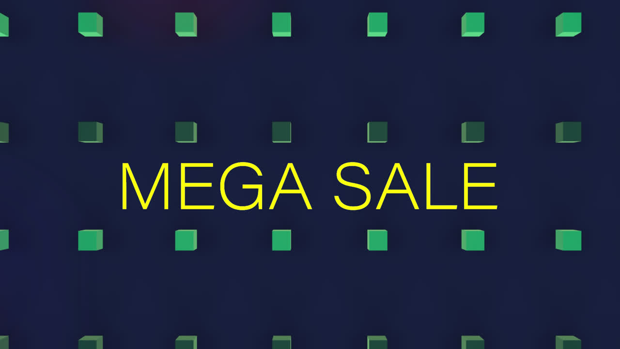 animación del texto de mega venta sobre cubos sobre fondo negro