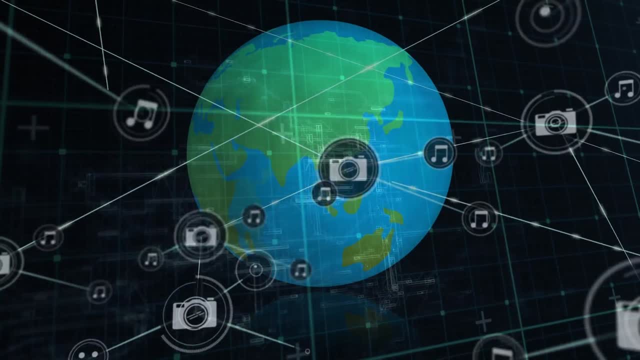 전 세계와 그리드에 대한 아이콘으로 연결 네트워크의 애니메이션