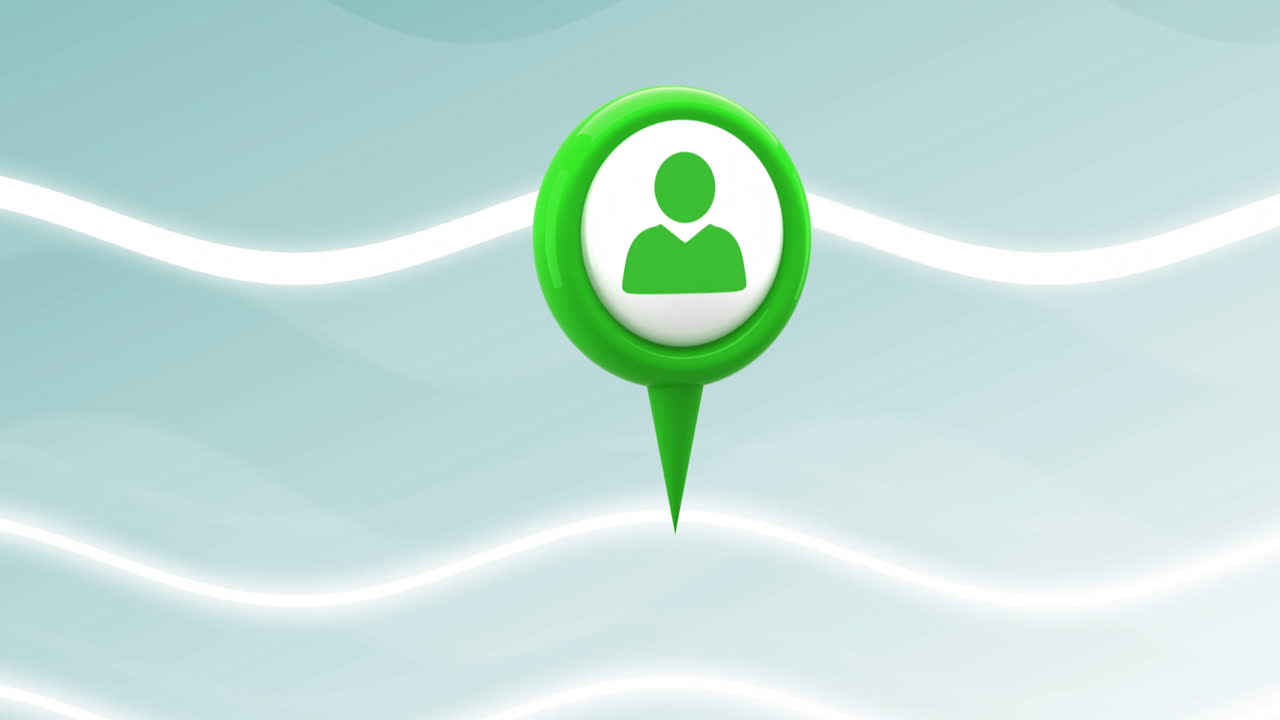 Animation of green location pin with person icon over wavy white lines