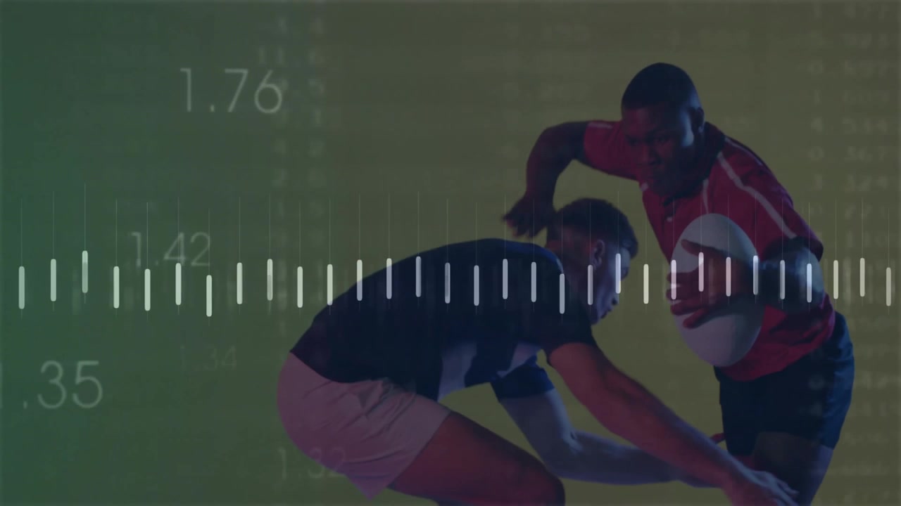Athlete in red charging opponent after lifting ball to gain ground with pulsating sports waveform