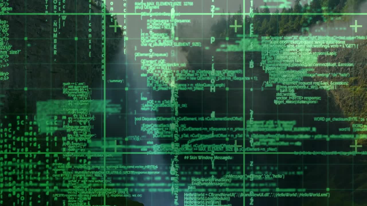 Scanning interface starting with green code streaming, grid forming, reticle aligning for waterfall