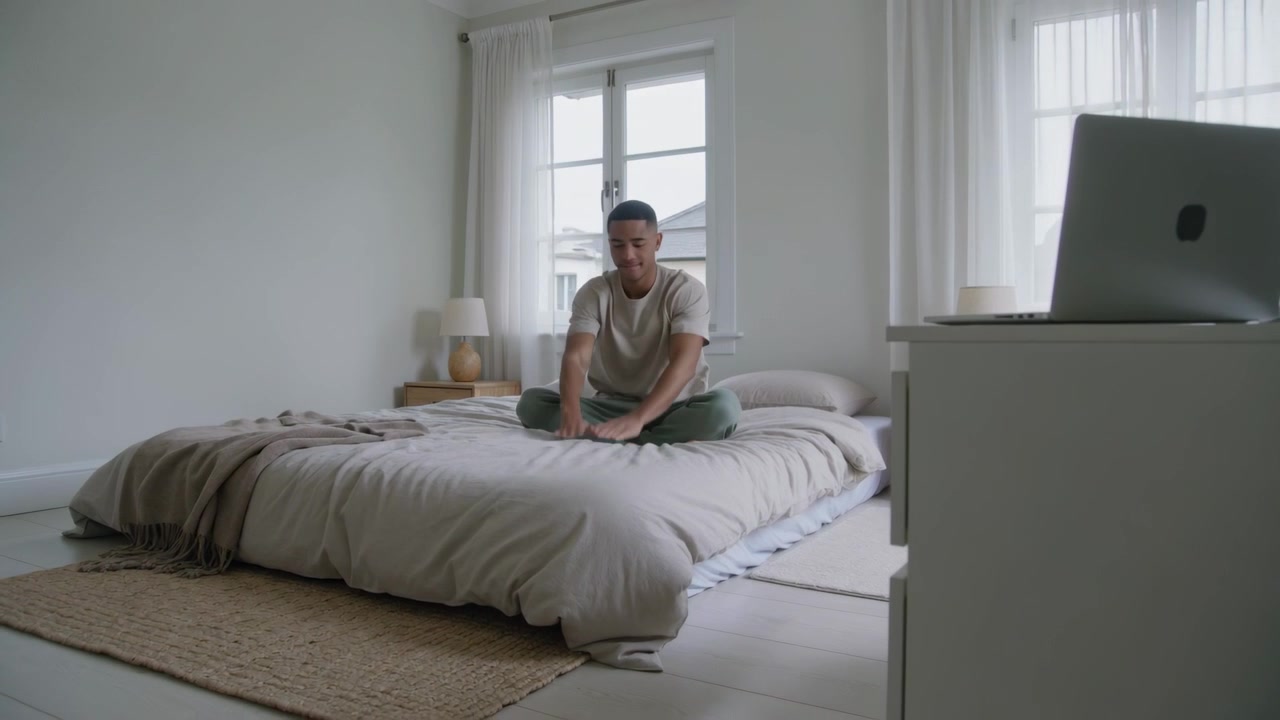 Uomo che si allunga, indossando una maglietta leggera e pantaloni verdi, seguendo una routine dal laptop sul letto, allungandosi verso il piumone.