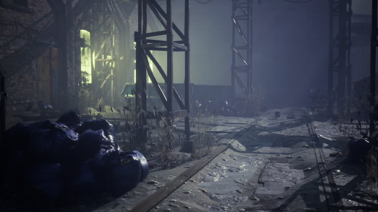 Abandoned industrial area with overgrown vegetation and dim lighting