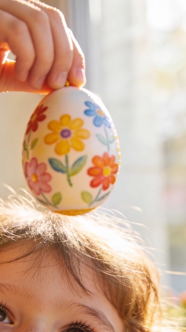 Vertical video: Child gazing as hand offering painted egg above head near sunlit window for Easter