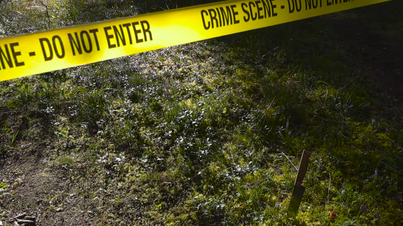 Top down view orbiting around a sunny forest area with a yellow colored police line investigation forensic crime scene tape above a shiny kitchen knife or murder weapon stabbed in a green hiking road