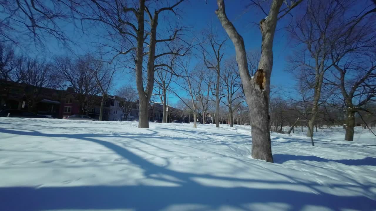 몬트리올의 눈 인 파크 라 폰테인 위에서 지상 수준의 fpv 비행