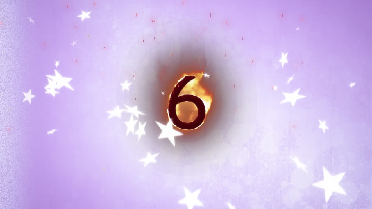 Animazione di stelle bianche che cadono sopra il numero 6 in fiamme, su sfondo lilla.