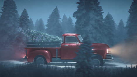 christmas pickup truck driving with a christmas tree through a snowy forest