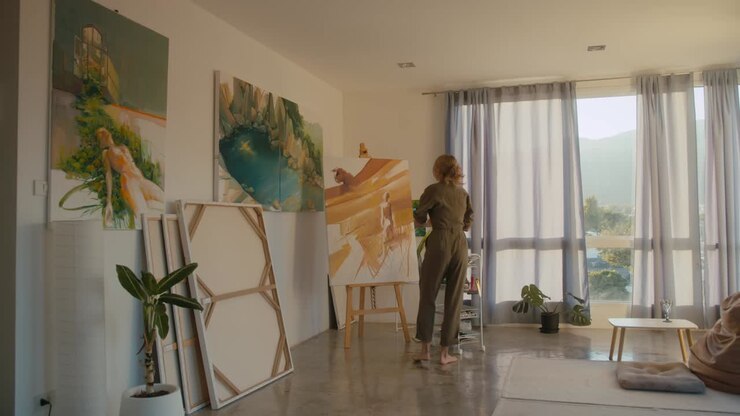 Female Artist Painting in a Modern Art Studio
