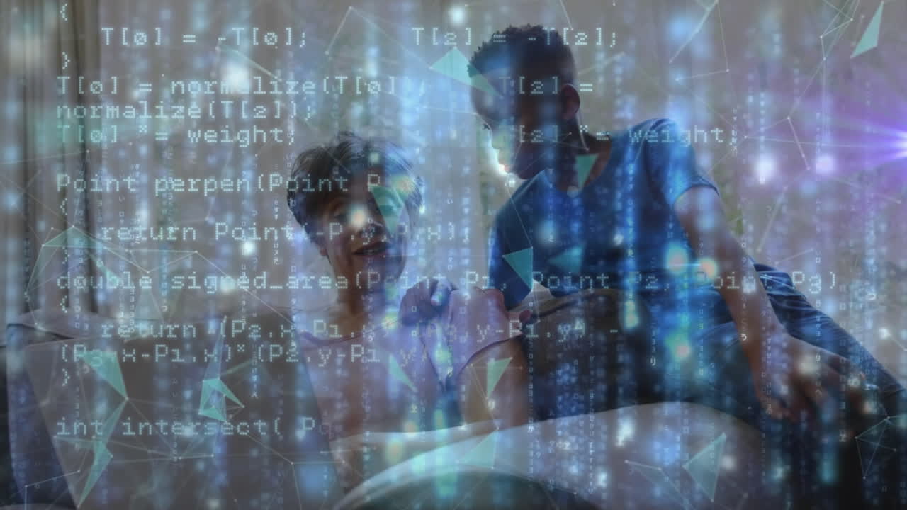 Animation of data processing and light trails over african american woman and her son using laptop