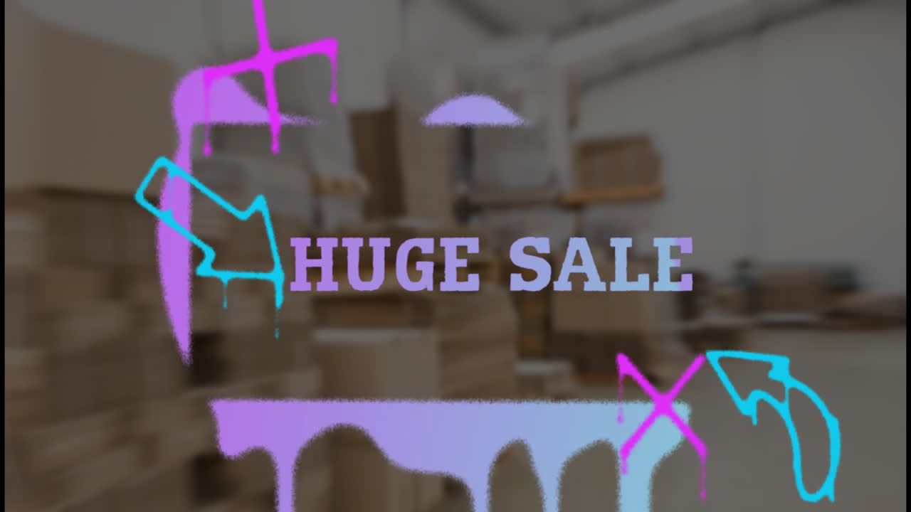 Colorful graffiti with Huge Sale over warehouse stacked with boxes