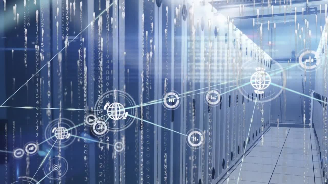 Animation of data processing and media icons over server room