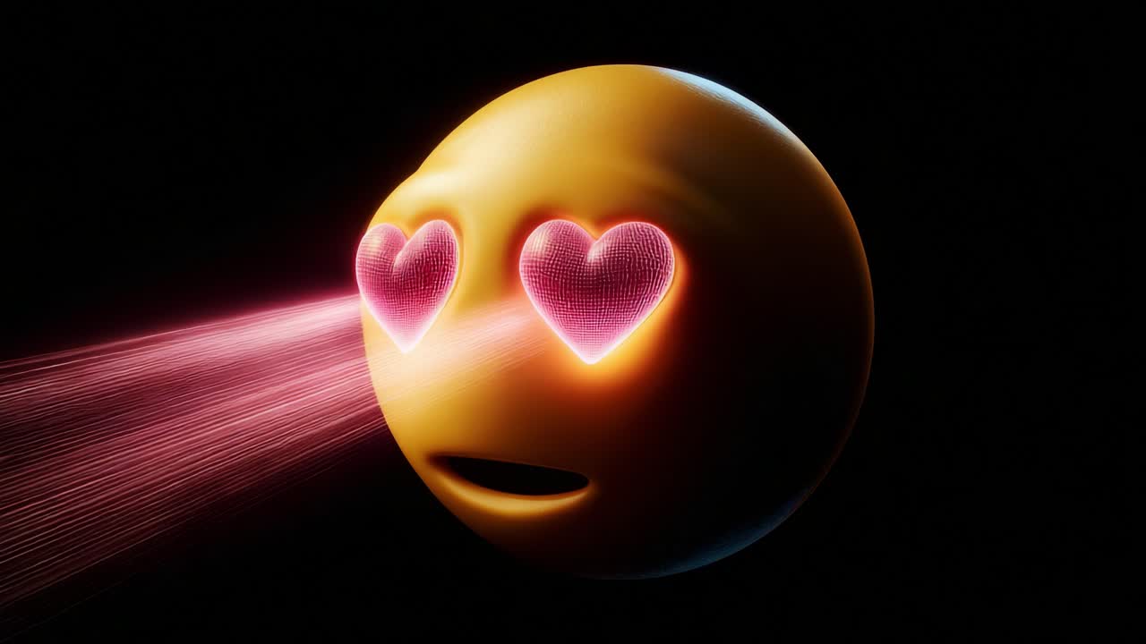 A playful and vibrant 3D animated emoji character showcasing expressive love with heart-shaped eyes, emphasizing a sense of affection and whimsical charm in a dark background setting