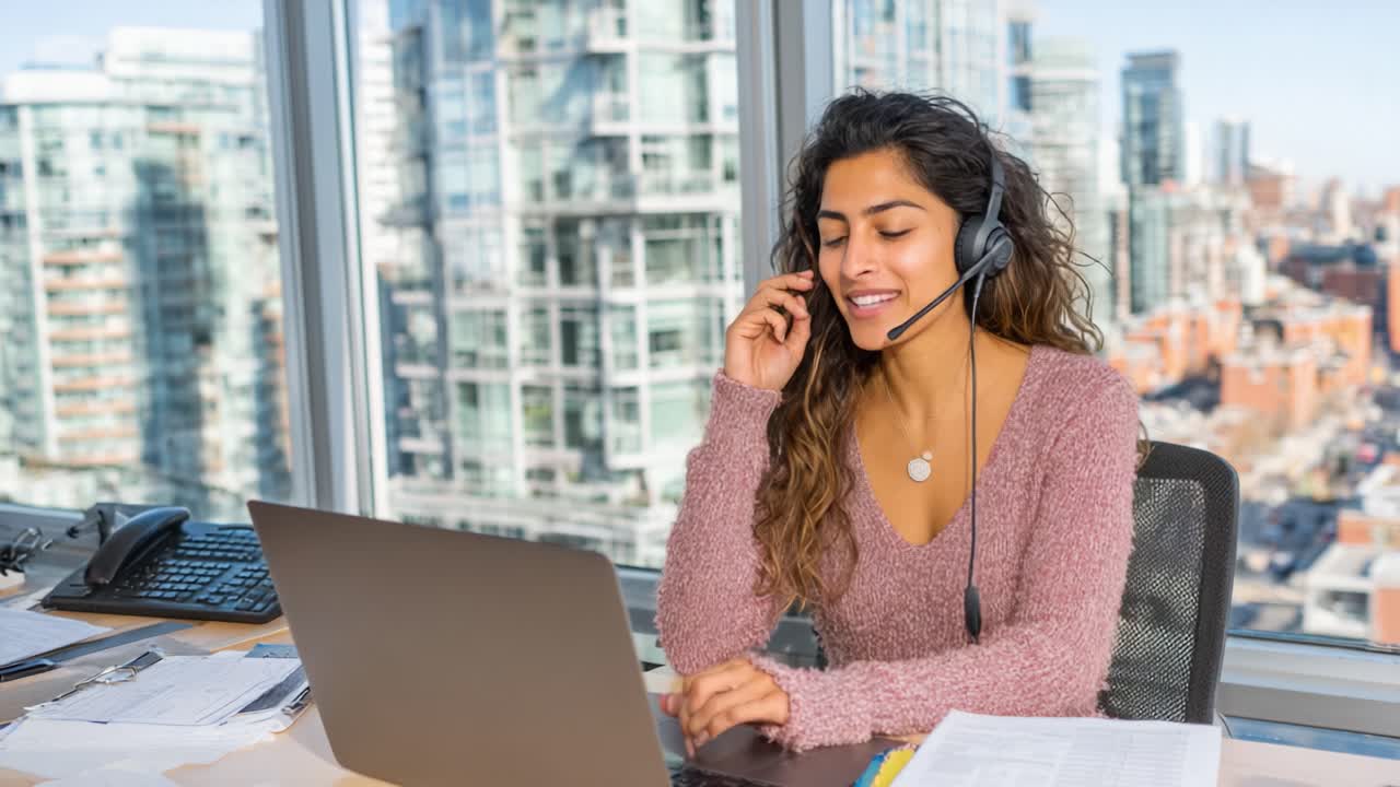 Engaged Professional in Modern Office: A Woman at Work Utilizing a Headset While Smiling and Attending to Online Communication in a Bright Urban Setting