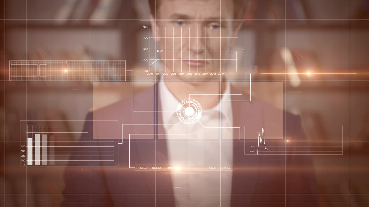 un hombre de negocios exitoso trabajando con un hermoso holograma retrato en cámara lenta futurista holograma tecnológico blanco analizando datos. concepto de negocio. serie de hombre de negocios 4k uhd 4096x2160 animación 3d.