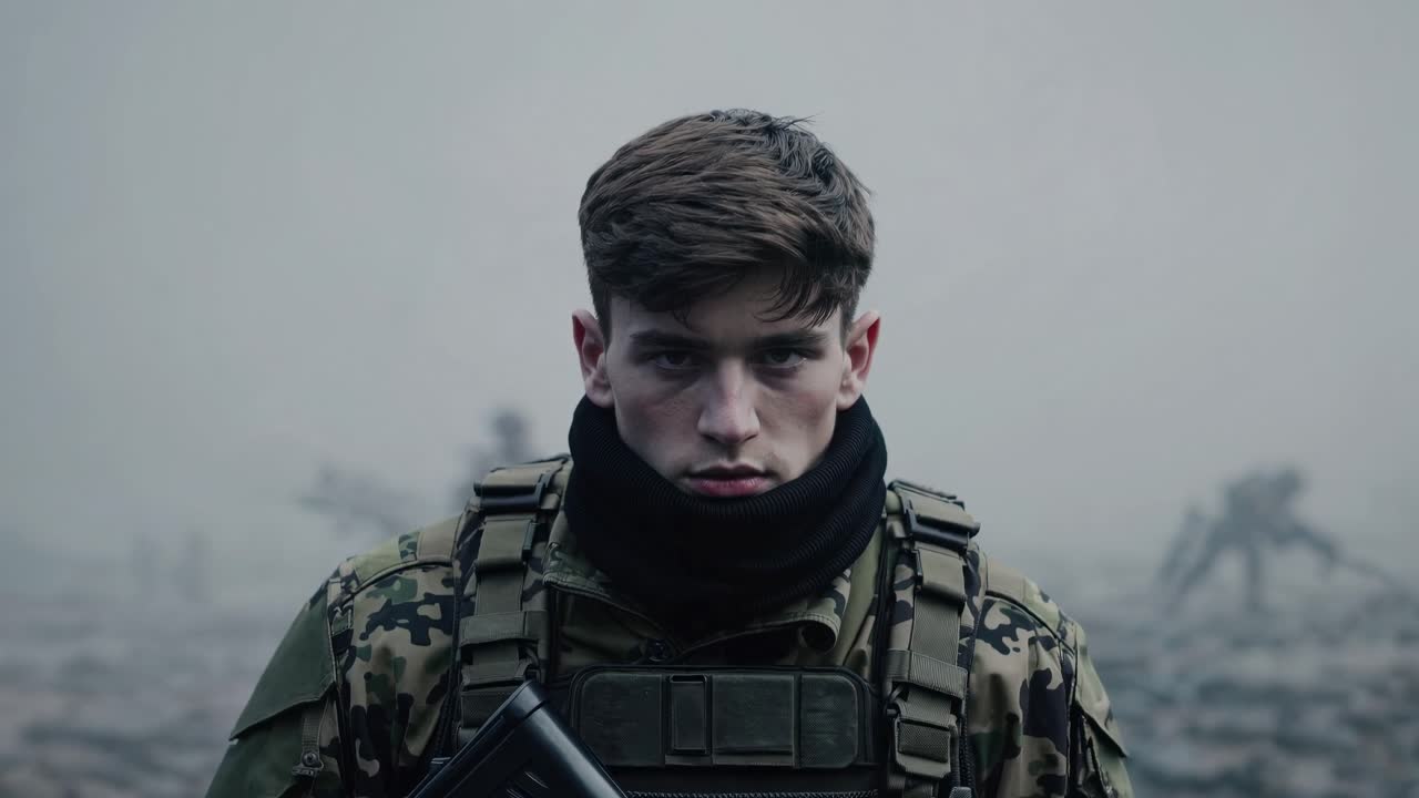 Soldier wearing camouflage uniform and neck warmer, holding a rifle and standing in the fog during a military operation, with other soldiers in the background