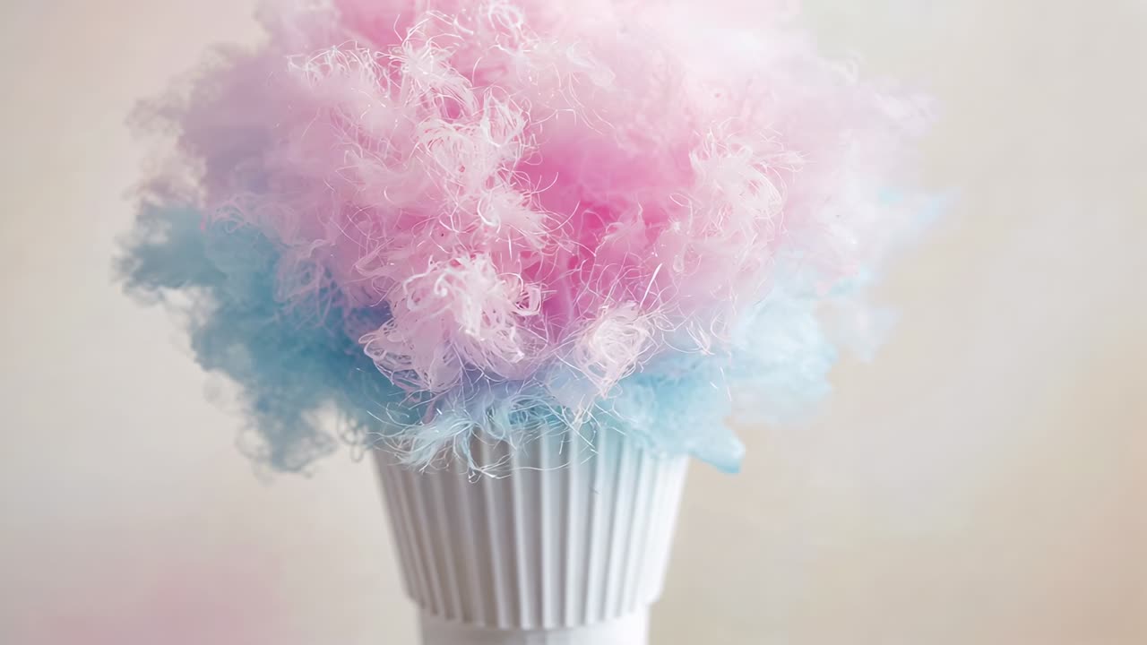 Expanding cotton cloud uncoiling as frames advancing inside white ribbed cup in studio, pink blue