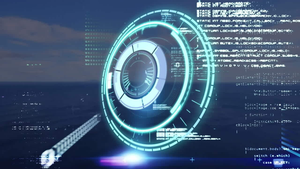 animación del círculo de procesamiento sobre datos y paisajes marinos