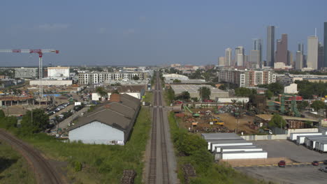 drone view of train tracks near downtown houston