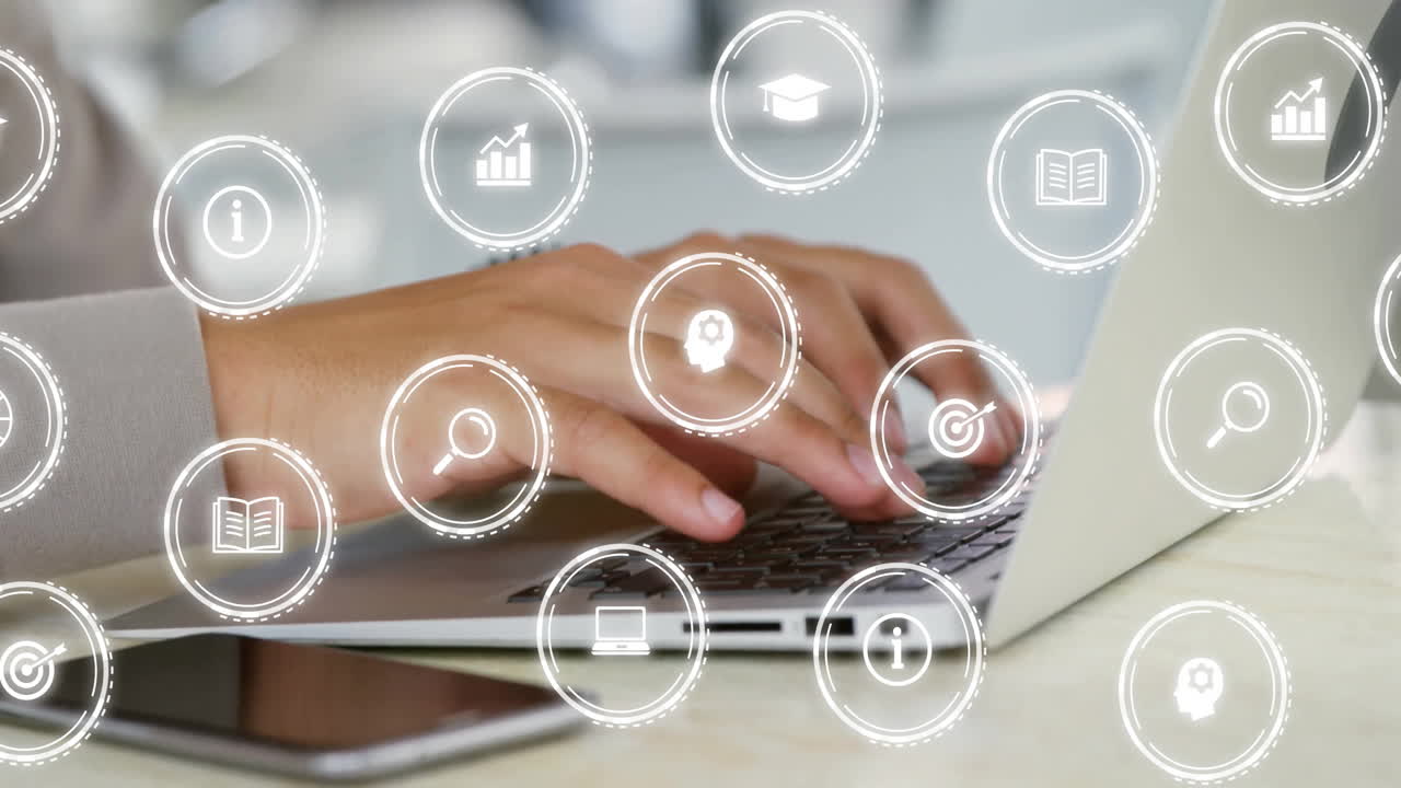 animación de iconos sobre hombre de negocios caucásico usando portátil en la oficina