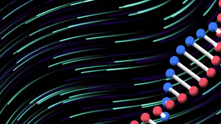 Animação de um filamento de DNA e rastros verdes e azuis em um fundo preto.