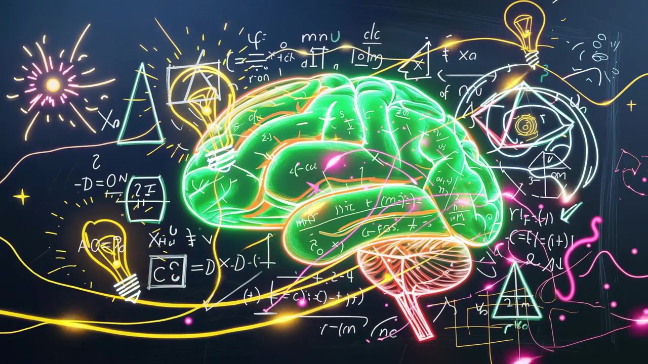 Pulsing neon-outlined brain shifting colors on chalkboard wall, with math diagrams and light bulbs