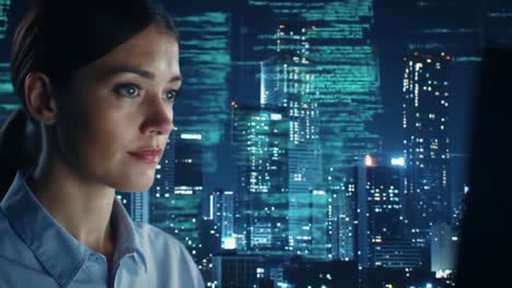 deep in thought: a focused professional analyzes data in a high-tech environment at night surrounded by an urban skyline of bright city lights
