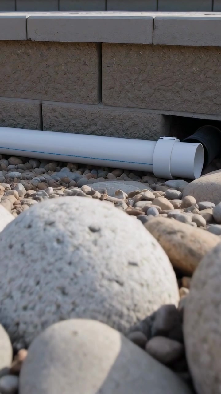 Vertical video: Shifting low camera revealing stones and PVC pipe entering at yard wall to inspect