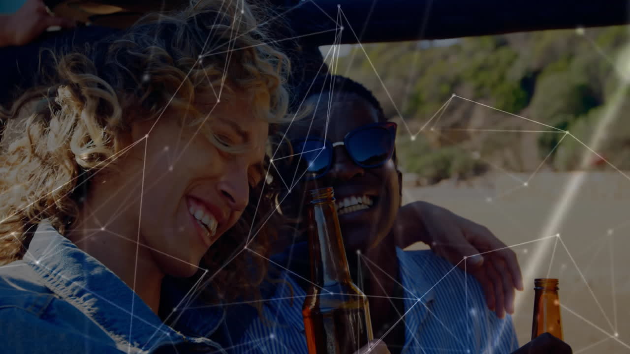 In school, child watching animation on tablet with digital network lines overlaying