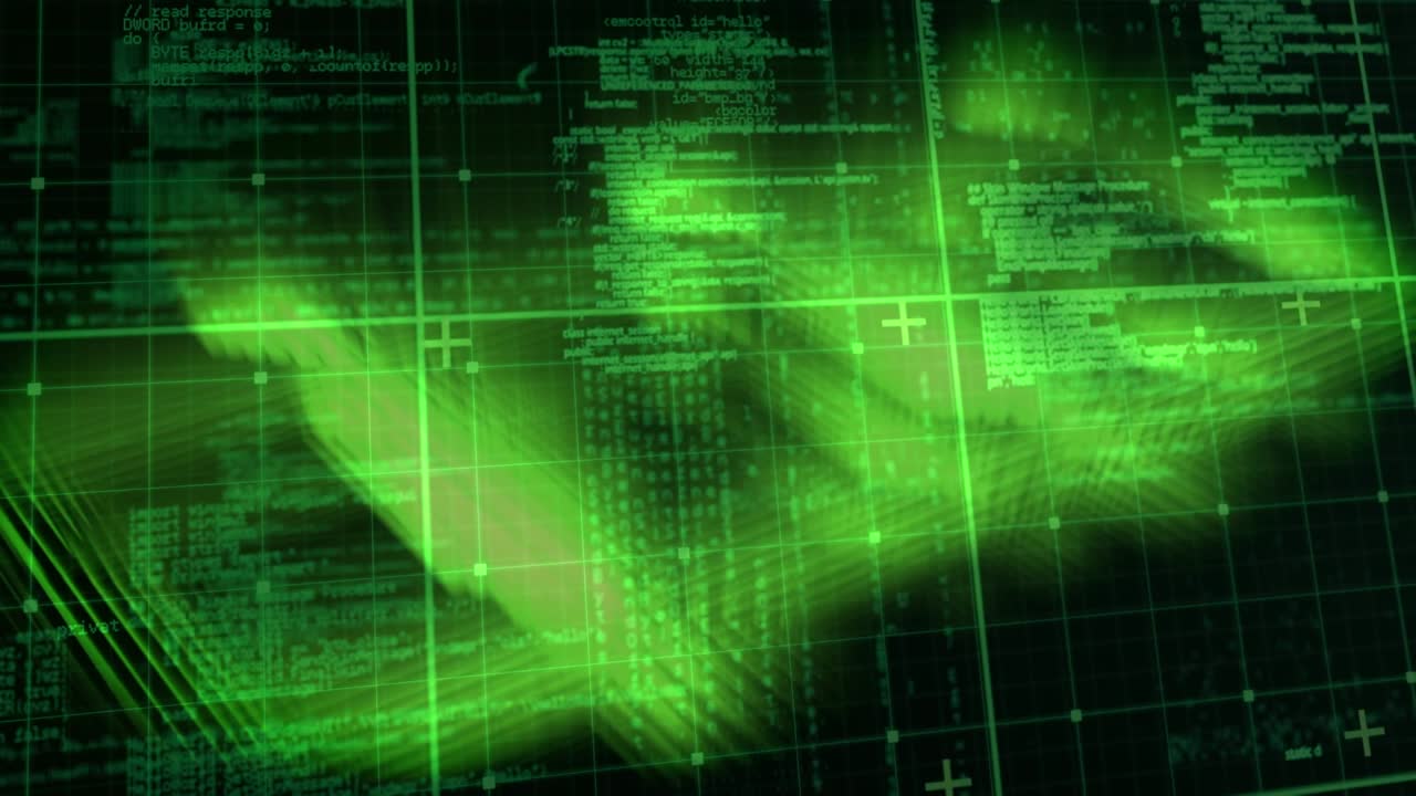 Animation of glowing data processing over grid