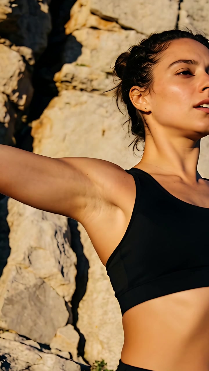 Video verticale: Donna che inspira, mantiene una posa contro una parete rocciosa per l'equilibrio, mostrando un reggiseno sportivo nero