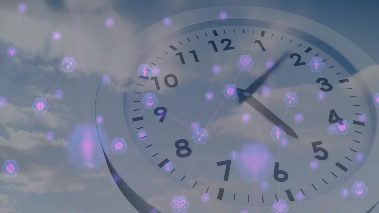 Upon purple icons fading in, clock hands advancing and icons floating, illustrating time progress