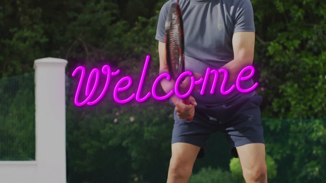 senior tennis player gripping racket and preparing stroke at court, with tech speed graph