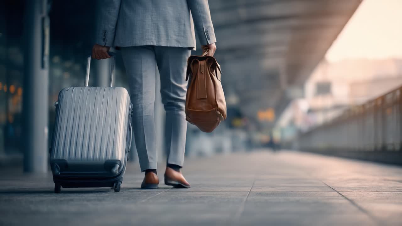 A Stylish Business Traveler Steps Confidently Through an Airport Terminal with a Modern Suitcase and Leather Bag, Emphasizing the Journey Ahead and Urban Vibes