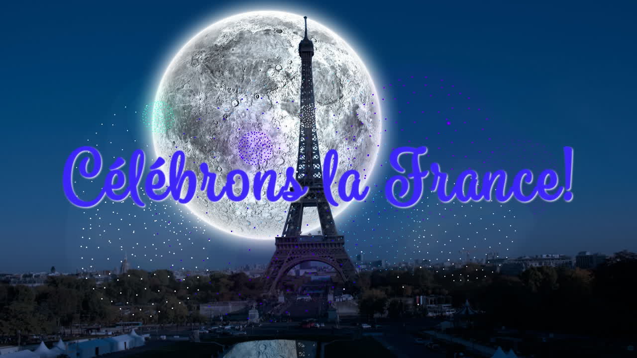 Animation of celebrons la france text with eiffel tower and fireworks