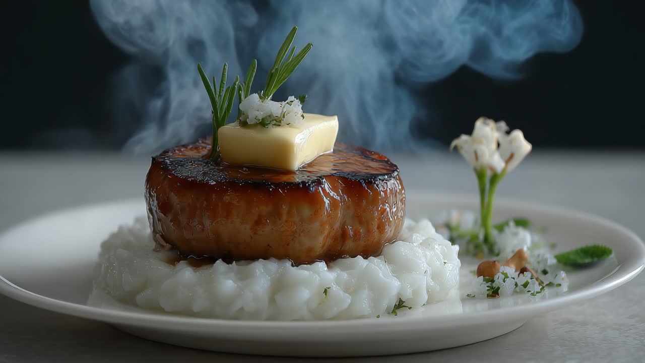 A beautifully plated gourmet dish featuring a perfectly seared piece of meat resting on creamy risotto, garnished with fresh herbs and infused with delicate smoke for a culinary masterpiece