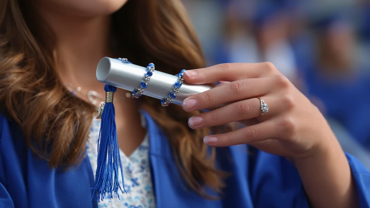 A proud graduate holding their diploma, showcasing their achievement and celebrating a significant milestone in education, adorned in a blue graduation gown with a heartfelt expression