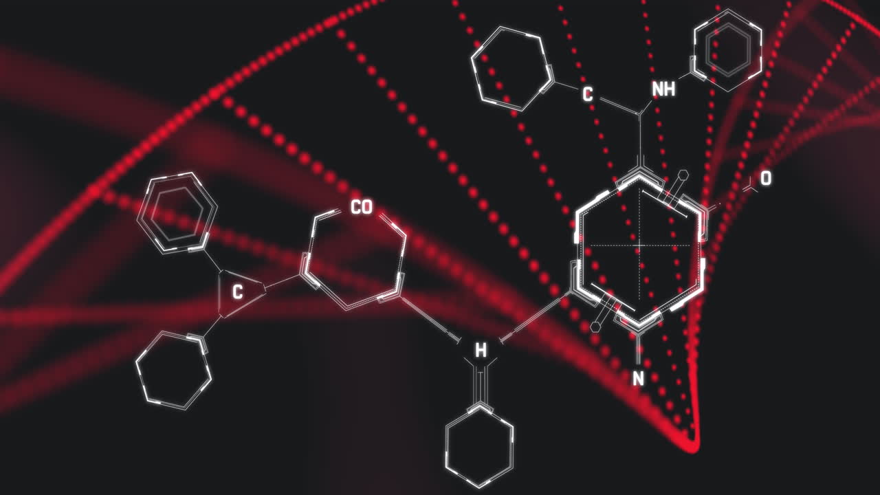 검은 바탕에 회전하는 dna 가닥 위의 화학 구조의 애니메이션