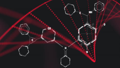 animación de estructuras químicas sobre la hebra de adn girando sobre un fondo negro