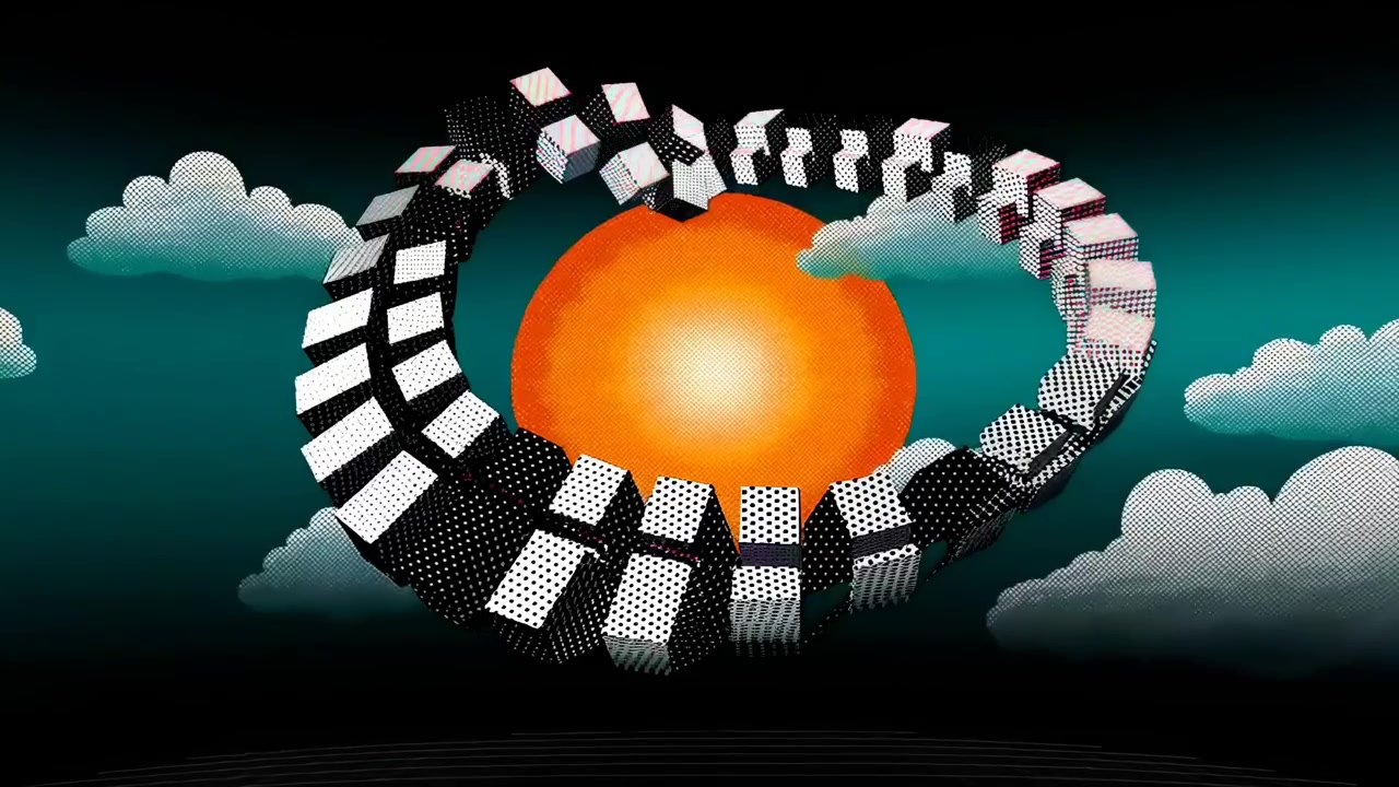 Abstract 3D Animation of Dotted Geometric Shapes Against a Sunset Background