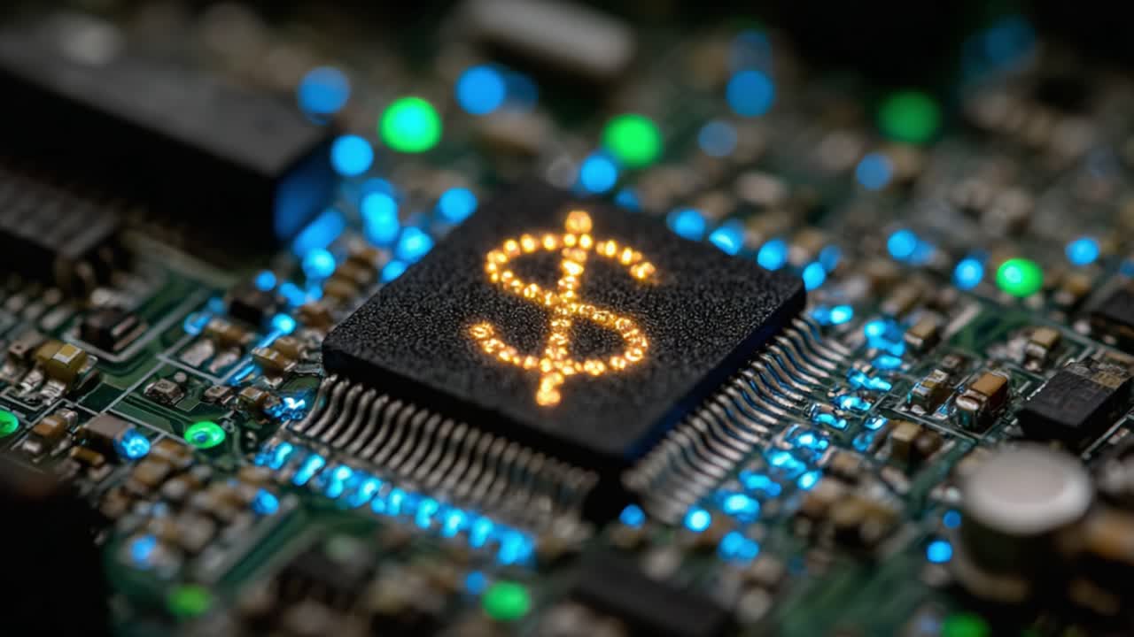Exploring the Intersection of Technology and Finance: A Close-Up on a Circuit Board Featuring a Dollar Symbol Chip Amidst Brilliant LED Lights