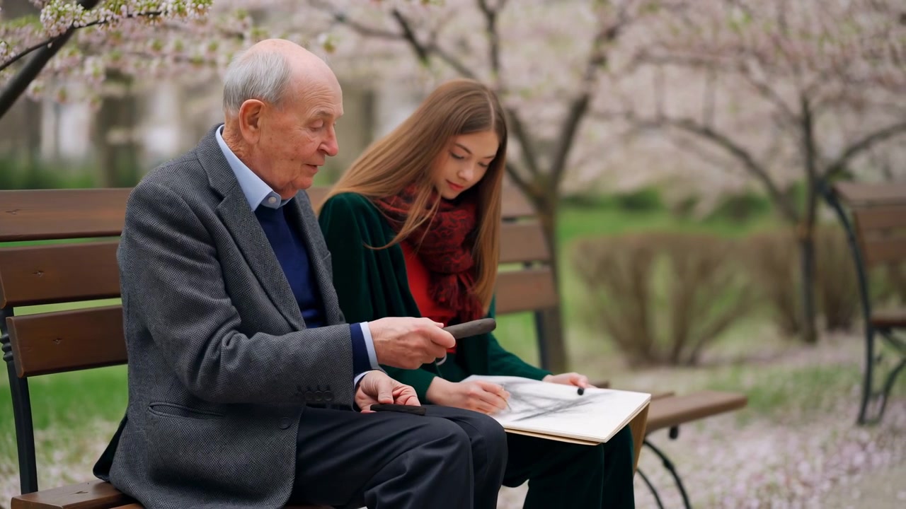 İlkbaharda sakin bir açık hava park sahnesi, ahşap bir bankta oturan yaşlı bir adam ve genç bir kadını gösteriyor.