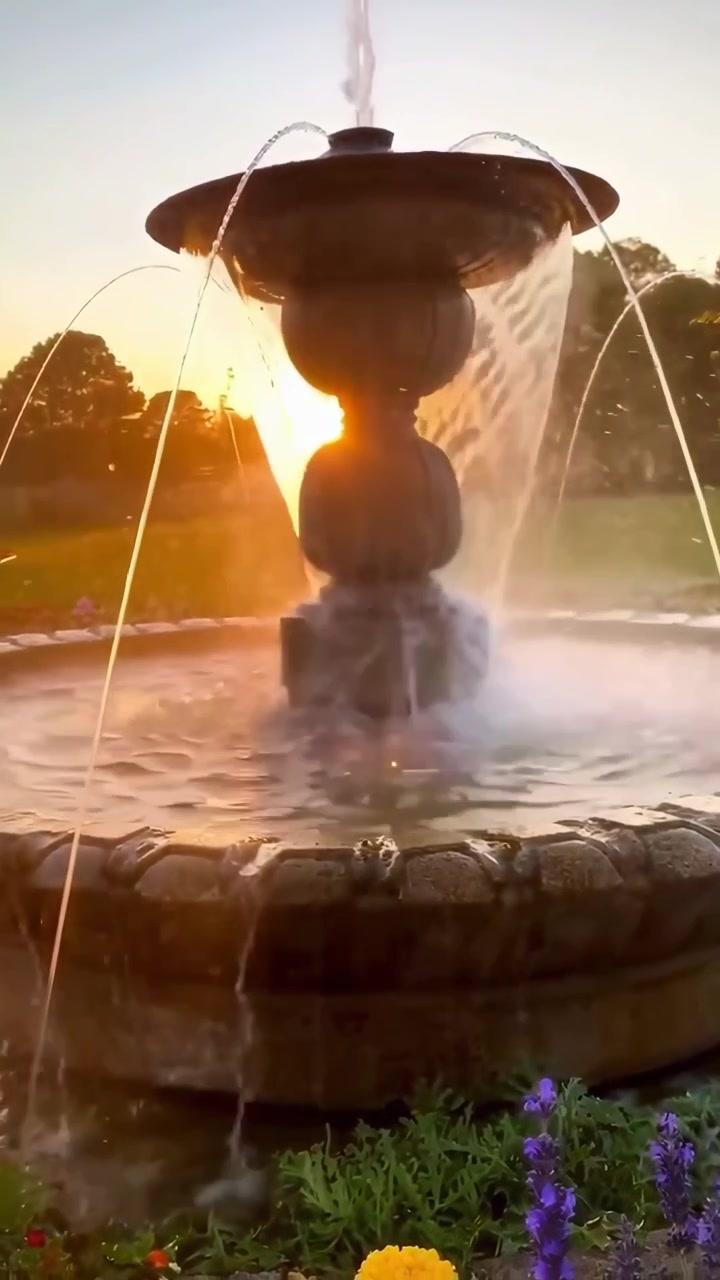 Fontana in pietra in giardino con fiori al tramonto