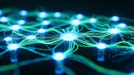 intricate neural network visualization showcasing dynamic connections and flow of information through vibrant blue and green electric patterns